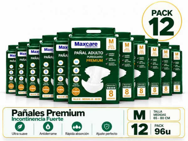 Pack 12 Pañal Adulto Maxcare Premium Talla M - 96 Unidades