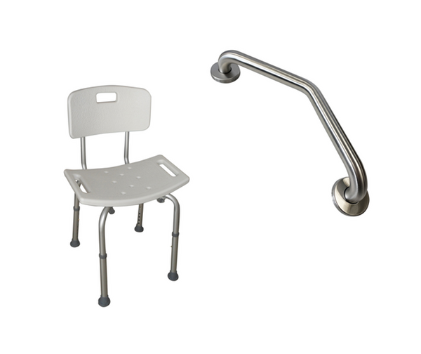 Pack Barra Angular Muro Izq + Silla Baño Respaldo Extraible